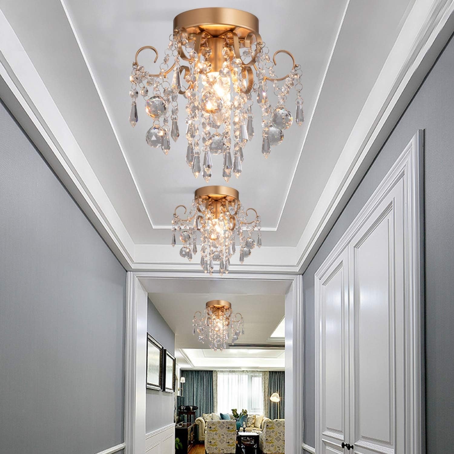 Mini Gold Crystal Chandelier – Flush Mount Ceiling Light