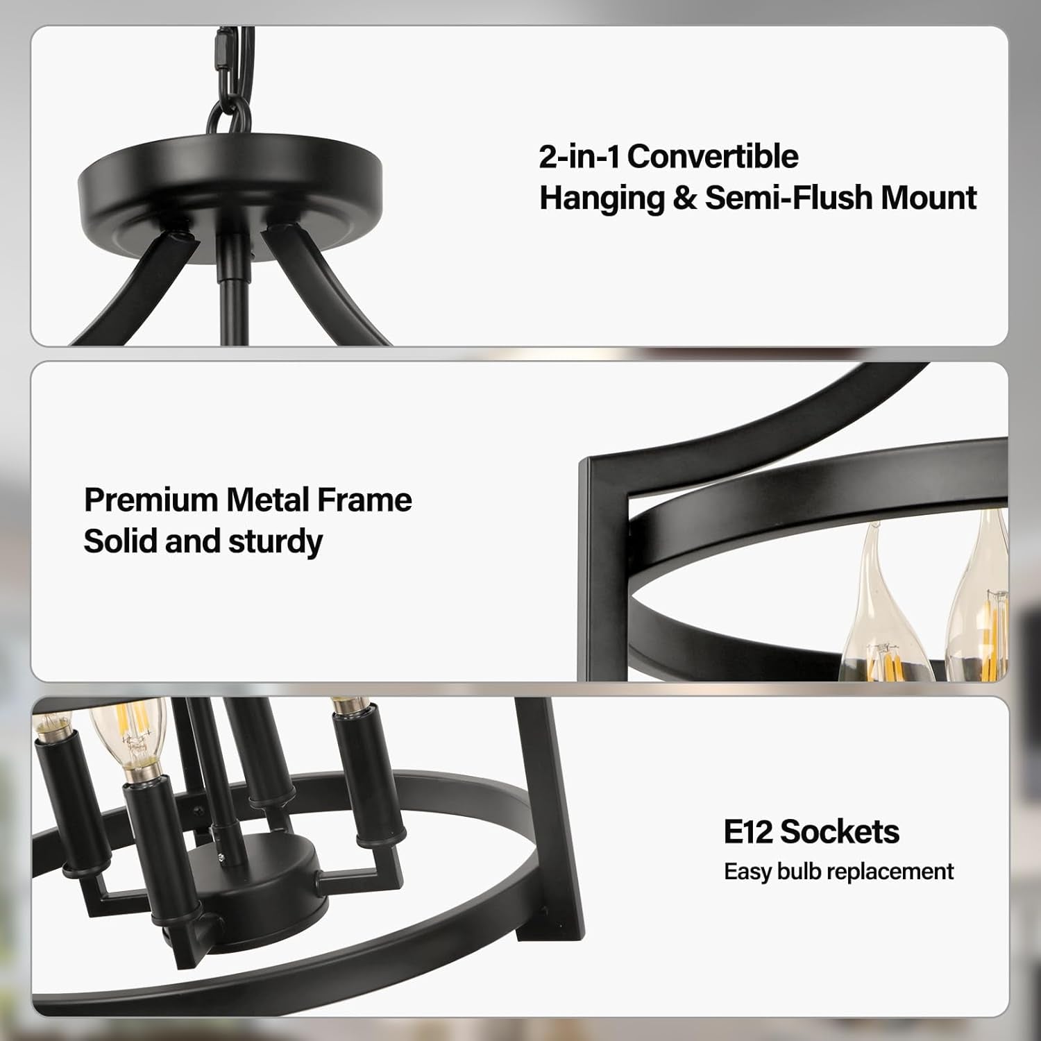 Black Farmhouse Pendant Chandelier – 4-Light Ceiling Fixture
