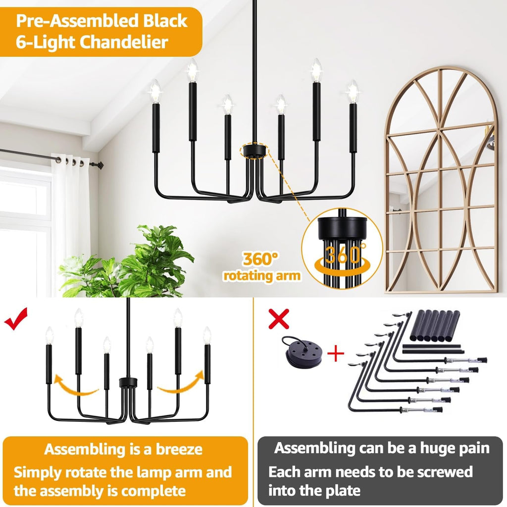 Black Farmhouse Chandelier – 6-Light Dining Room Statement Fixture