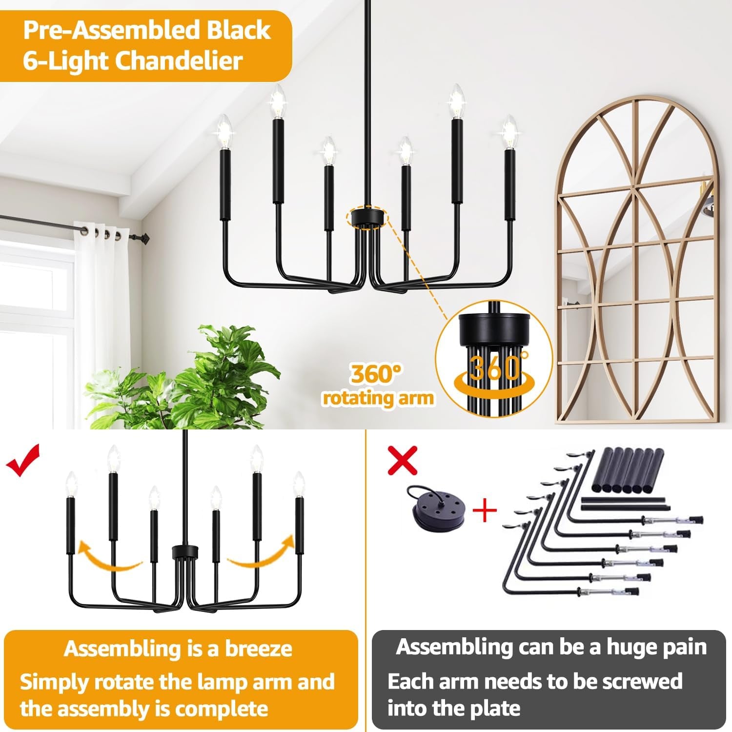 Black Farmhouse Chandelier – 6-Light Dining Room Statement Fixture