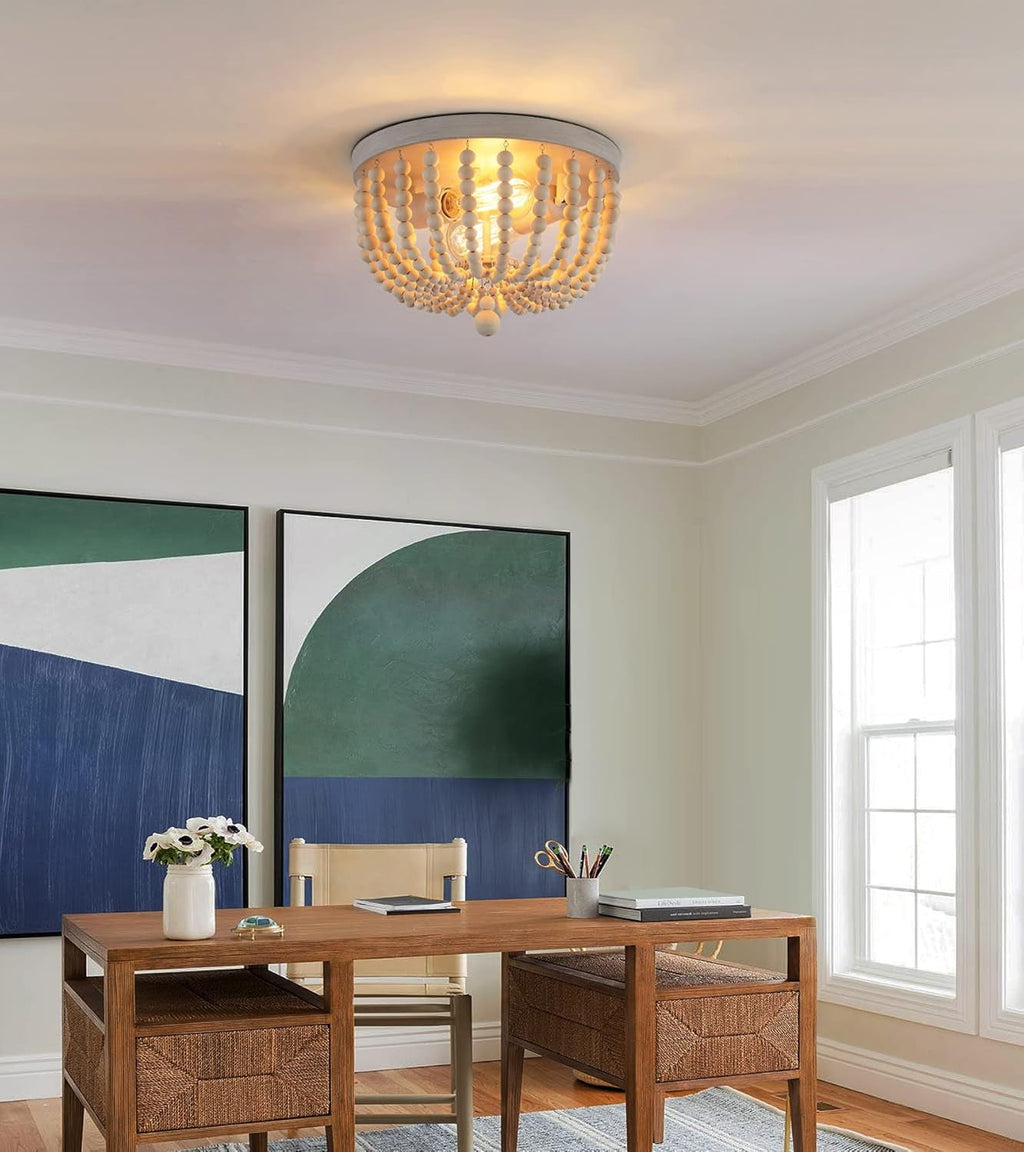Oak Wood Beaded Flush Mount Chandelier – 2-Light Coastal Fixture
