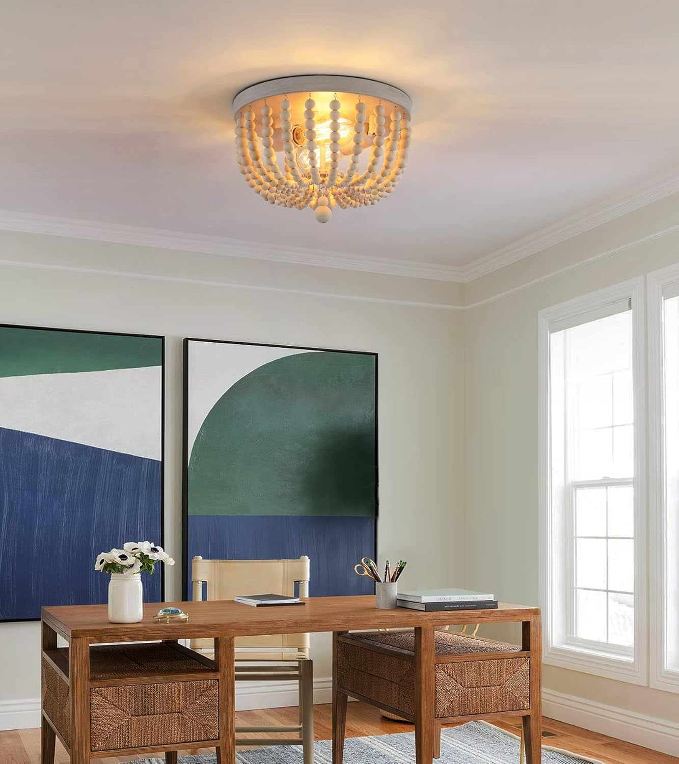 Oak Wood Beaded Flush Mount Chandelier – 2-Light Coastal Fixture