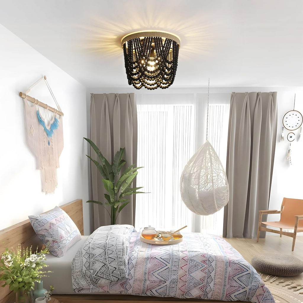 Black Beaded Boho Chandelier – Handmade 3-Light Statement Fixture