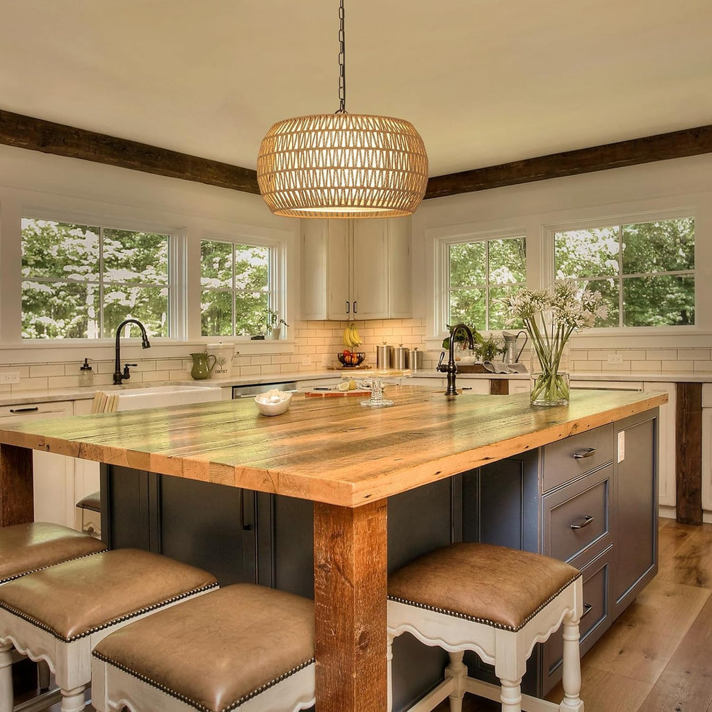Rattan Farmhouse Chandelier – 5-Light Coastal Fixture with Fabric Shades