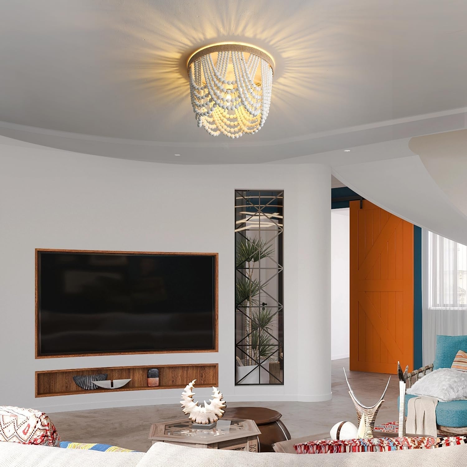 Coastal White Wood Beaded Chandelier – 3-Light Boho Ceiling Fixture