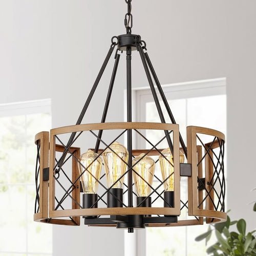 Black & Oak Farmhouse Chandelier – 4-Light Rustic Ceiling Fixture (19”)