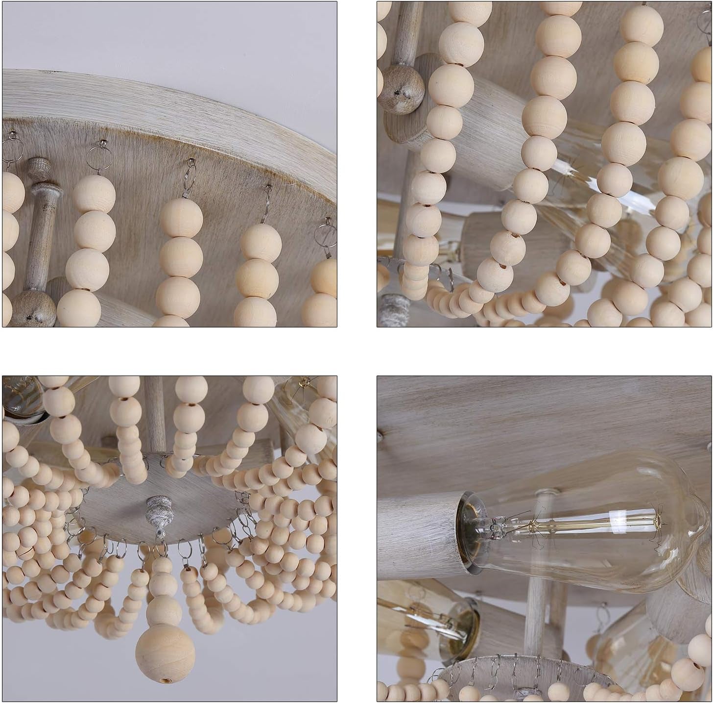 Coastal Wood Beaded Chandelier – 3-Light White Oak Ceiling Fixture