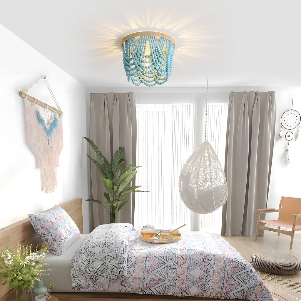Blue Wood Beaded Boho Chandelier – 3-Light Coastal Accent Fixture