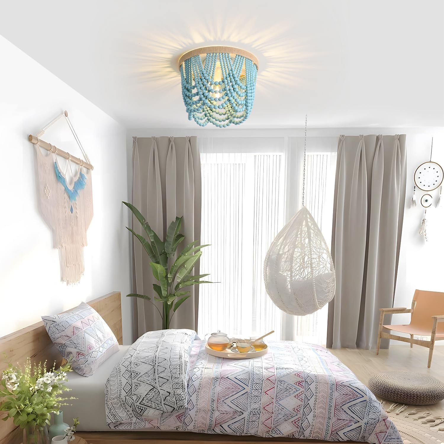 Blue Wood Beaded Boho Chandelier – 3-Light Coastal Accent Fixture