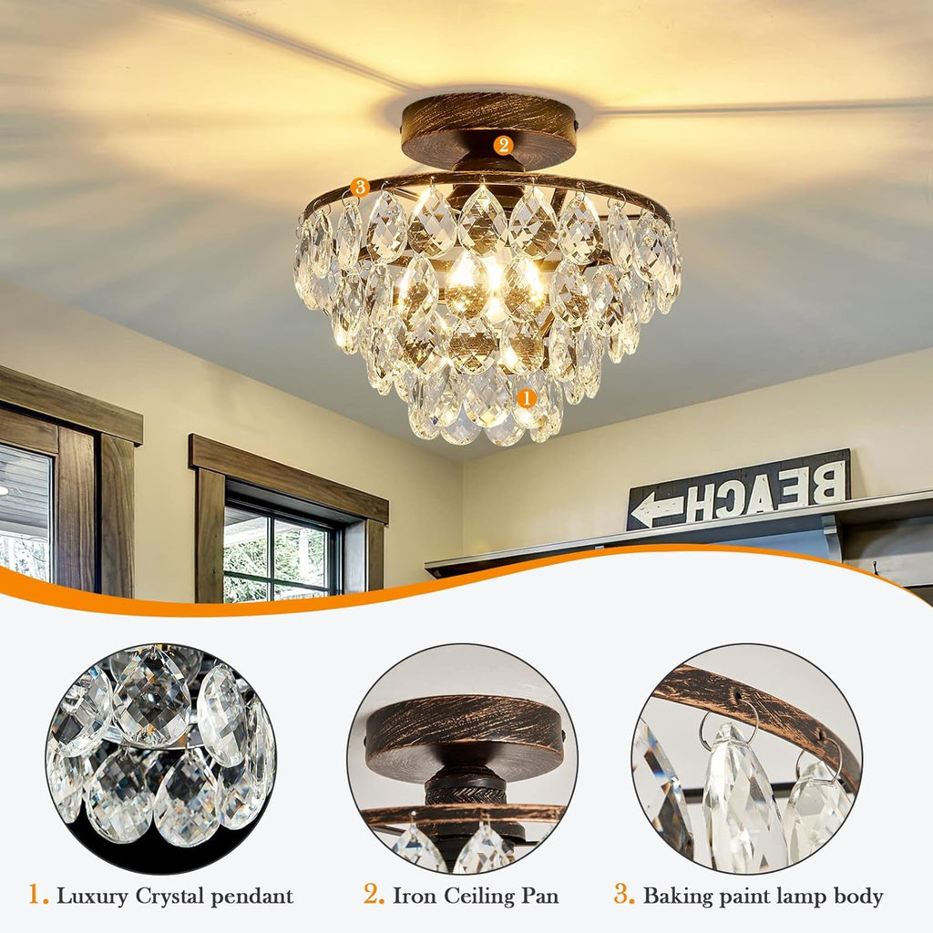 Modern Bronze Crystal Chandelier – Semi Flush Mount Ceiling Light