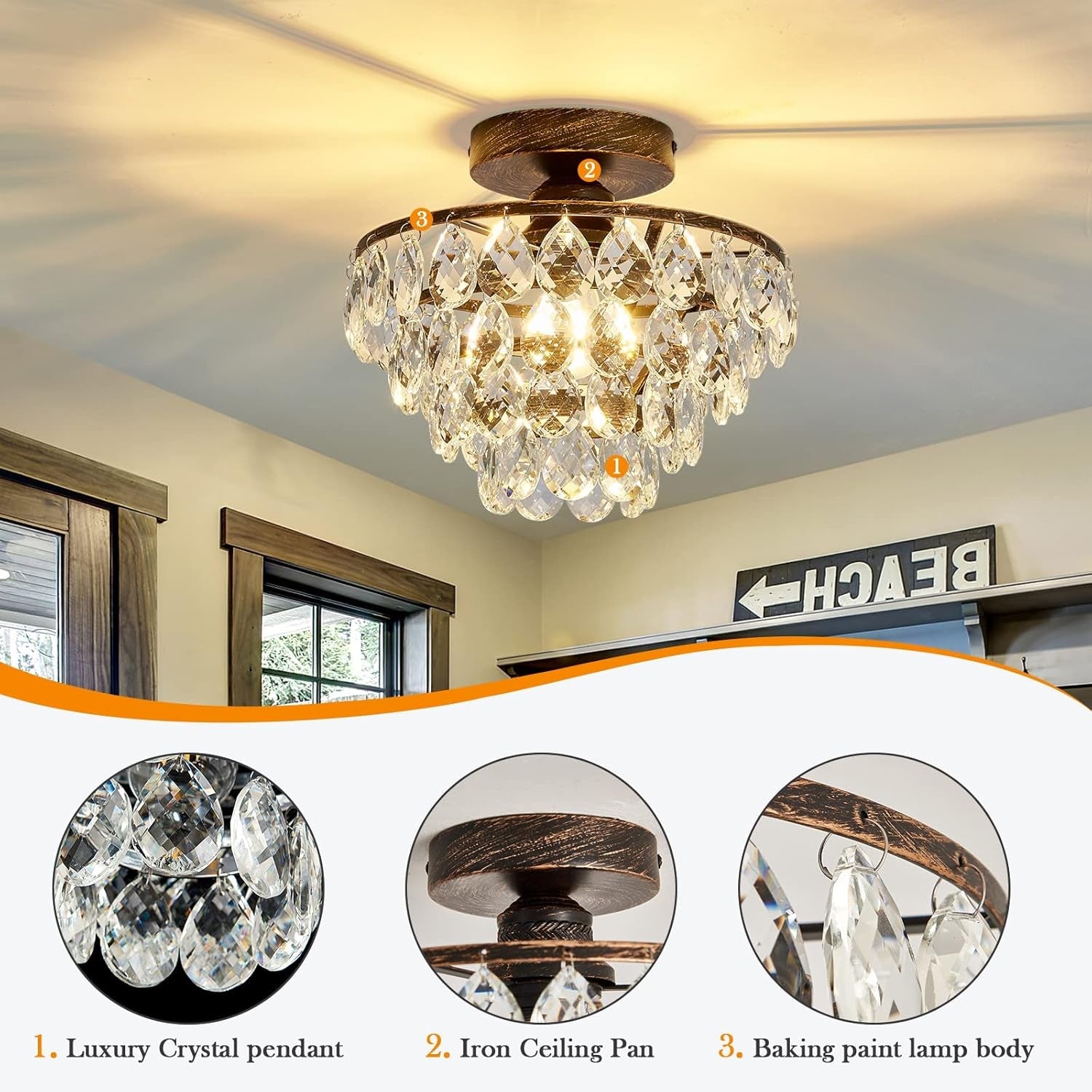 Modern Bronze Crystal Chandelier – Semi Flush Mount Ceiling Light