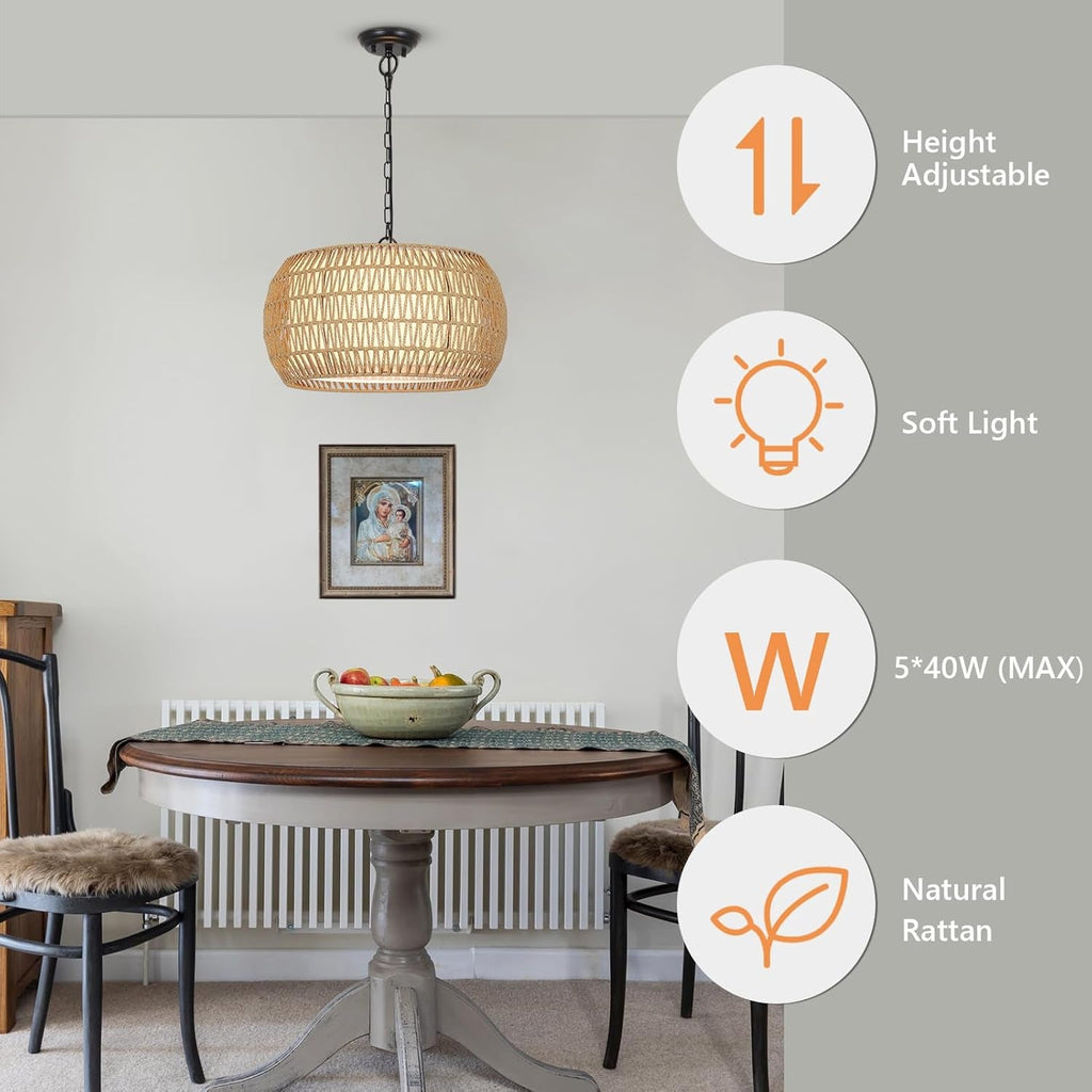 Rattan Farmhouse Chandelier – 5-Light Coastal Fixture with Fabric Shades