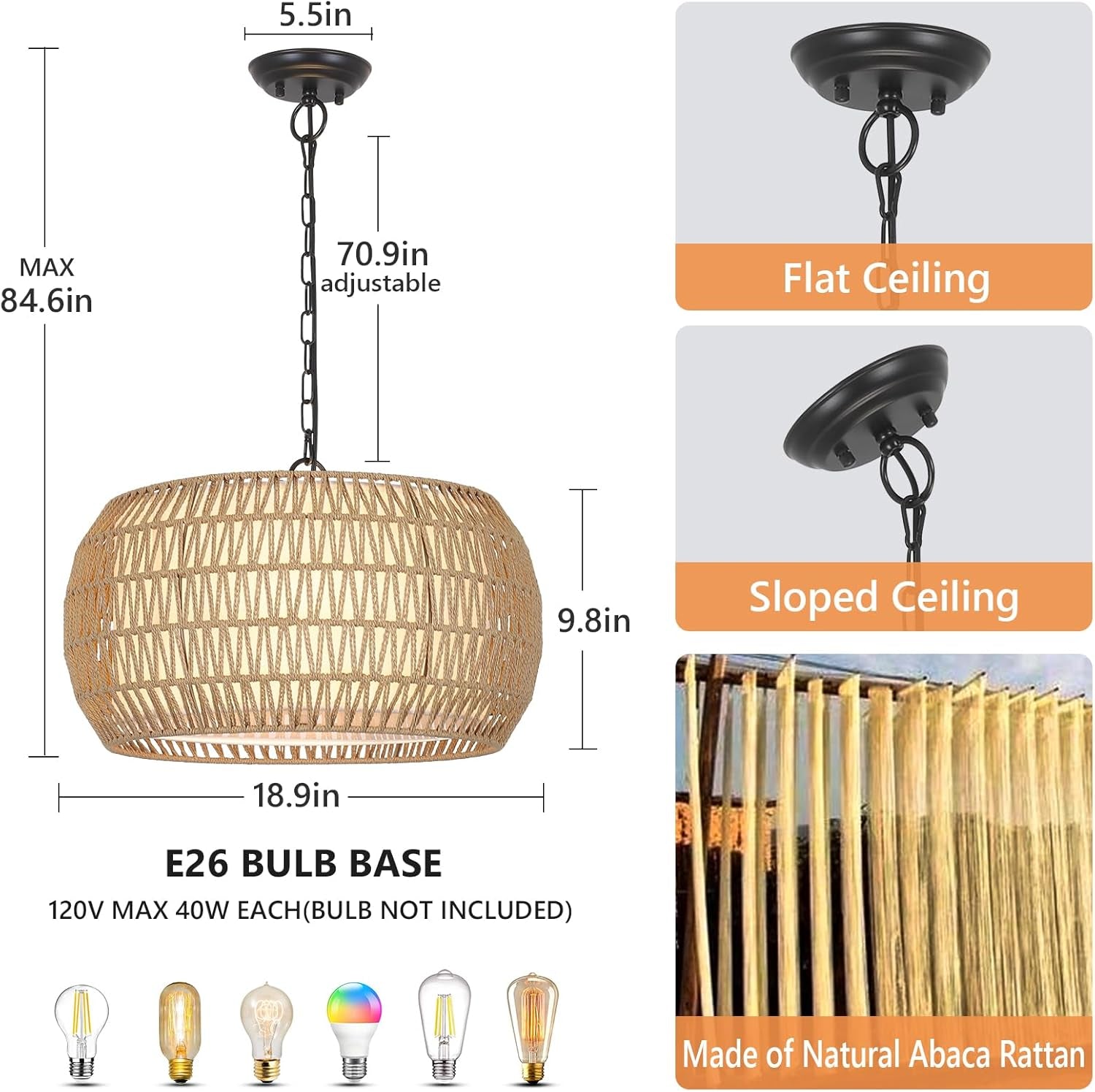 Rattan Farmhouse Chandelier – 5-Light Coastal Fixture with Fabric Shades