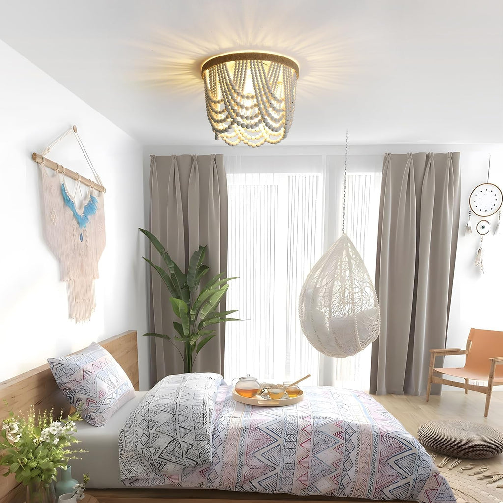 Coastal White Wood Beaded Chandelier – 3-Light Boho Ceiling Fixture