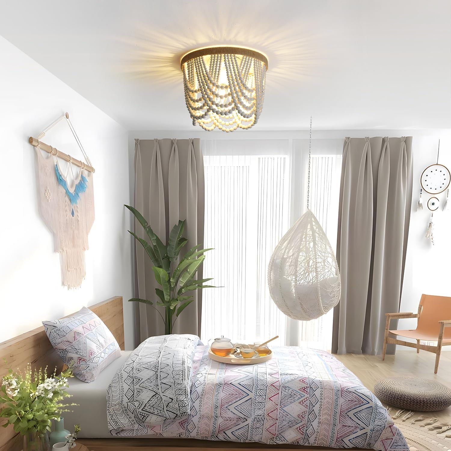 Coastal White Wood Beaded Chandelier – 3-Light Boho Ceiling Fixture