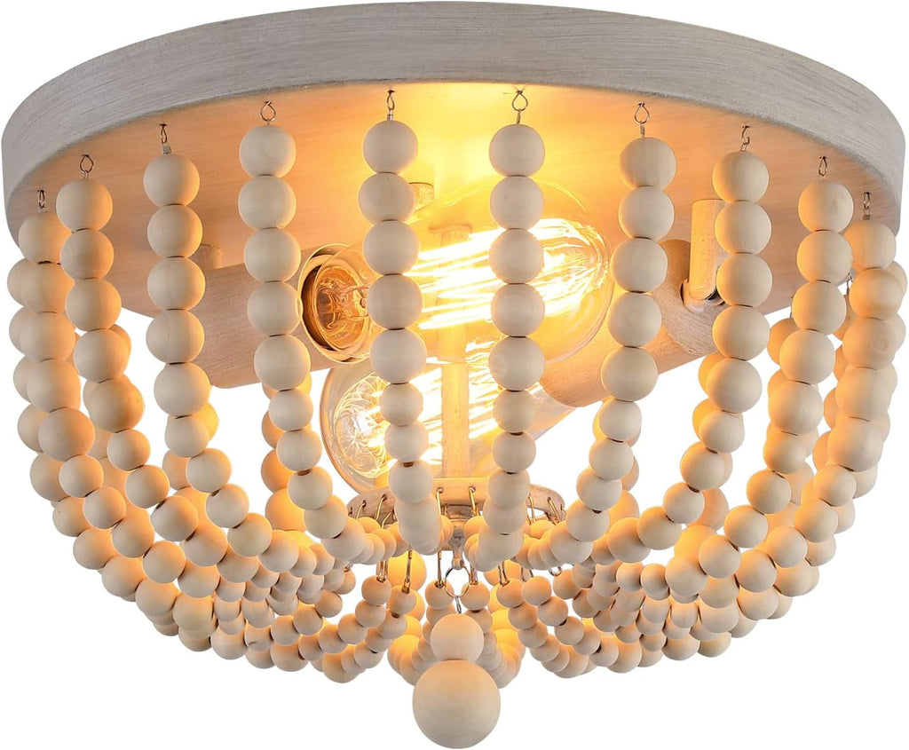 Oak Wood Beaded Flush Mount Chandelier – 2-Light Coastal Fixture
