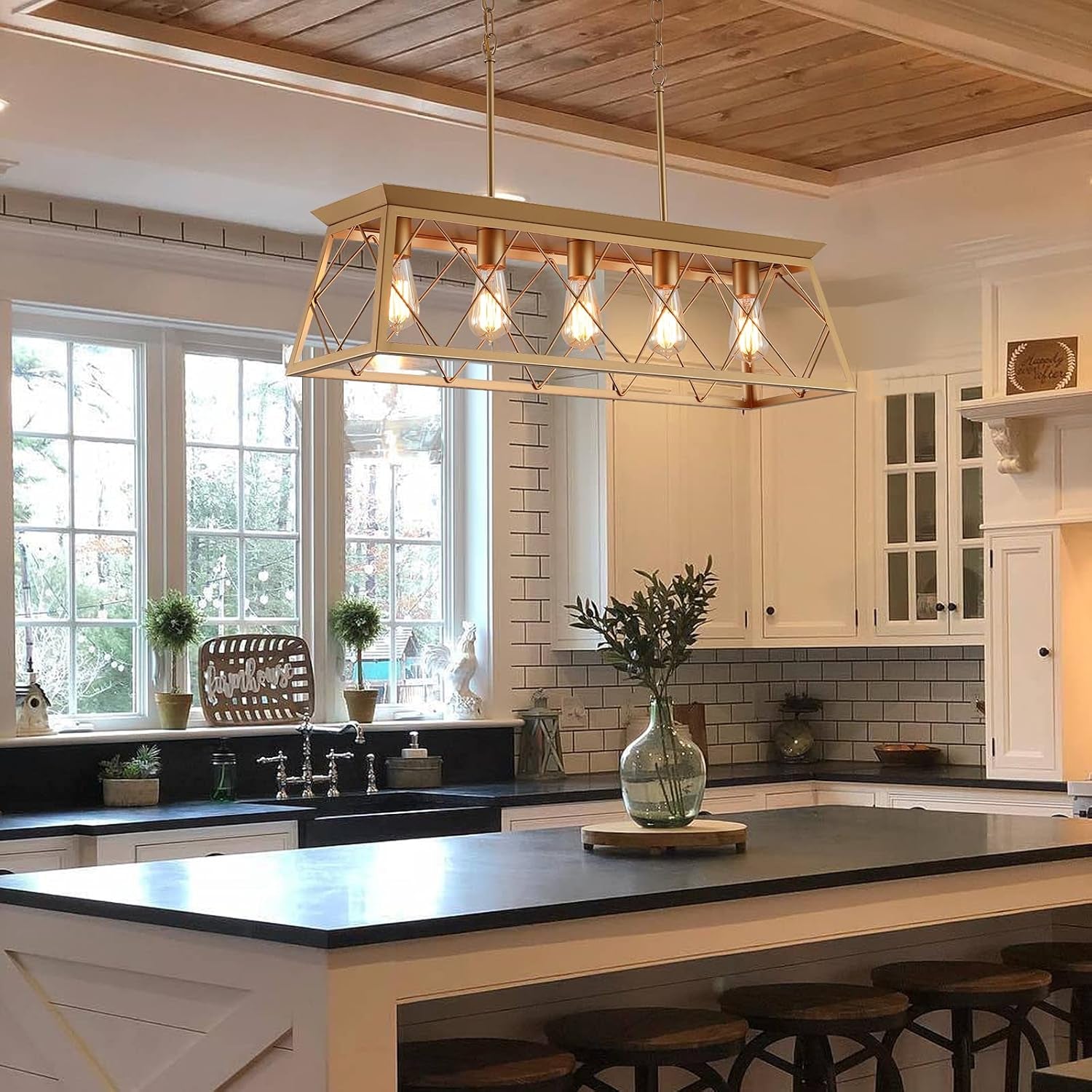 Gold Linear Farmhouse Chandelier – 5-Light Dining Room Ceiling Fixture