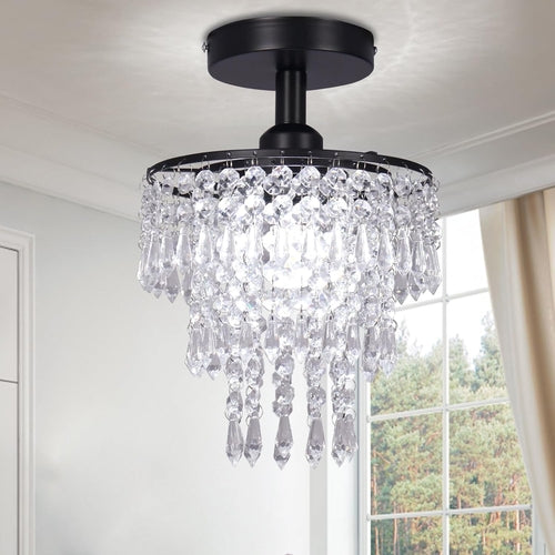 Black Crystal Flush Mount Chandelier – Raindrop Ceiling Light