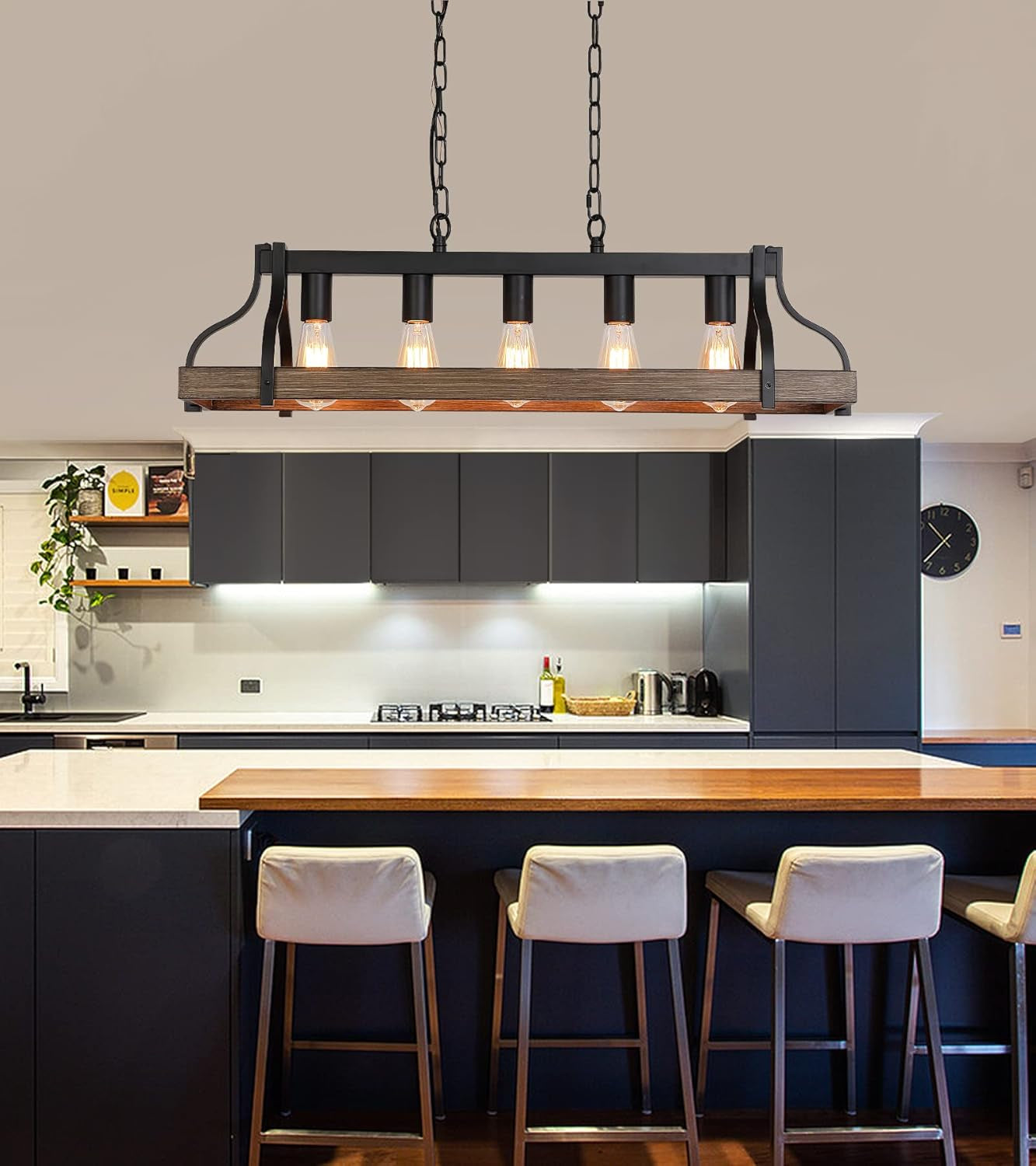 Black Linear Kitchen Island Chandelier – 5-Light Farmhouse Fixture