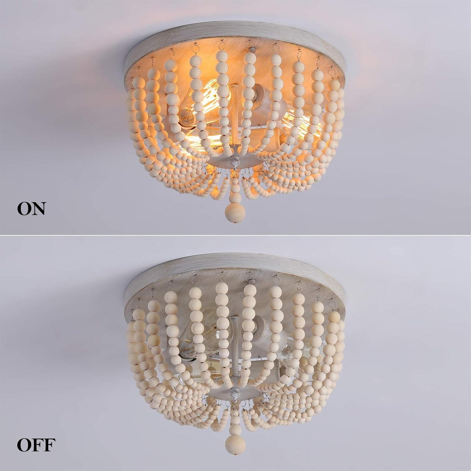 Coastal Wood Beaded Chandelier – 3-Light White Oak Ceiling Fixture