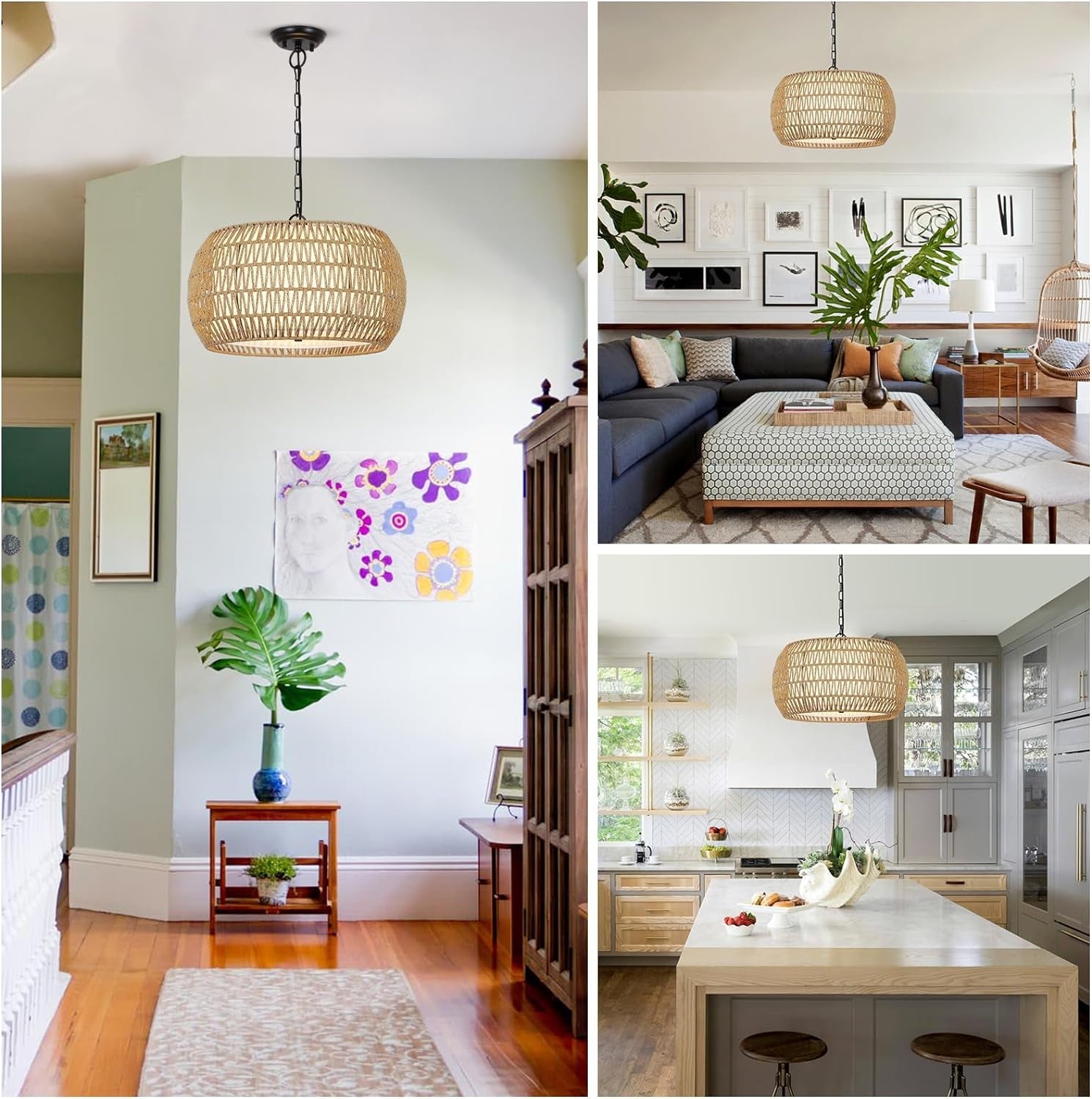 Rattan Farmhouse Chandelier – 5-Light Coastal Fixture with Fabric Shades
