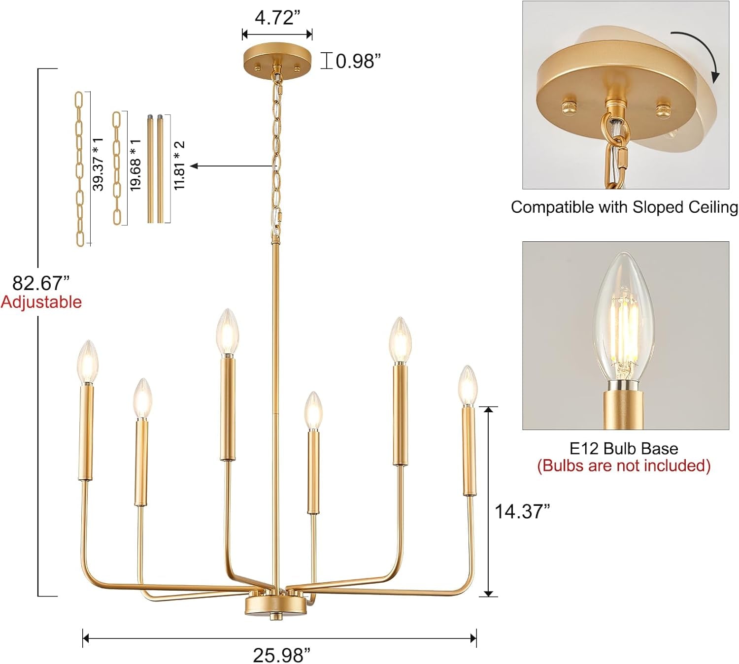 Modern Gold Candle Chandelier – 6-Light Dining Room Statement Fixture