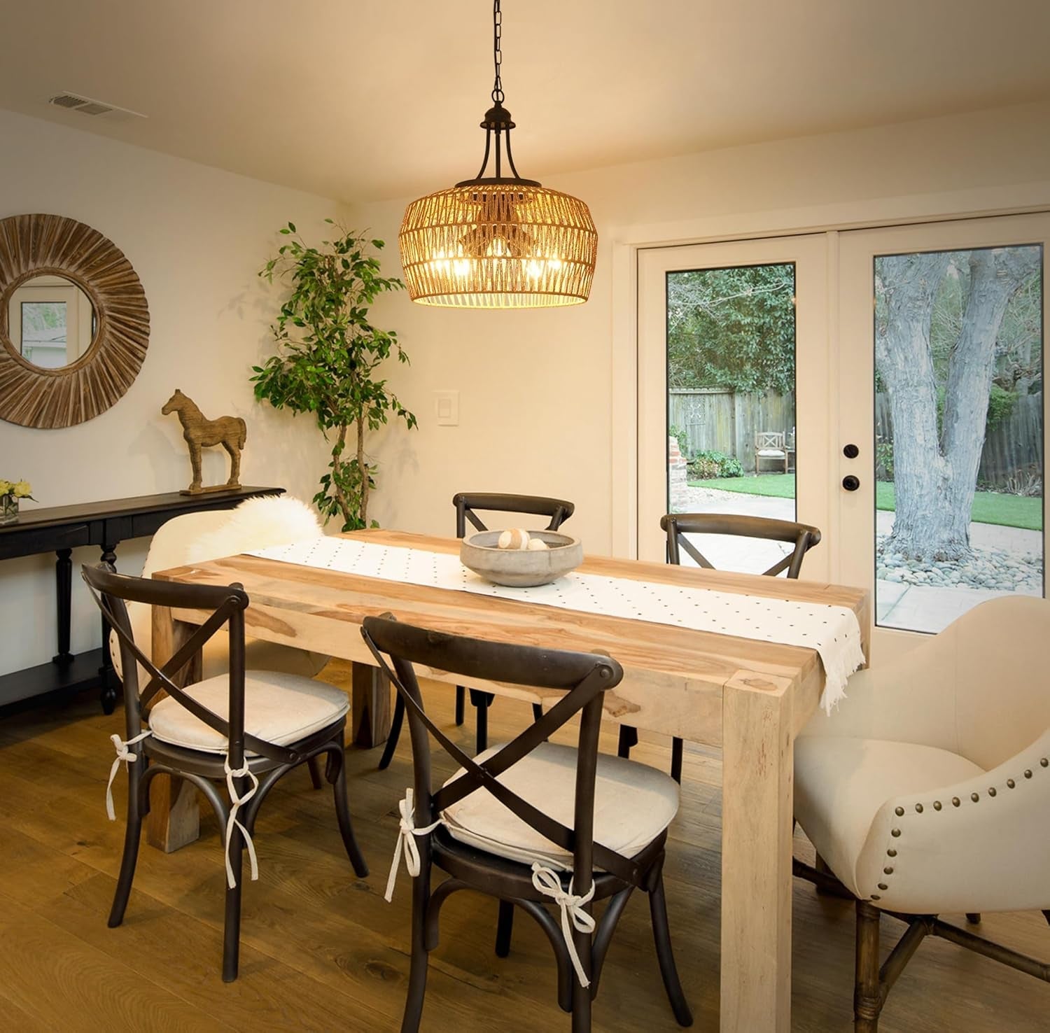 Large Rattan Boho Chandelier – 5-Light Coastal Dining Room Fixture