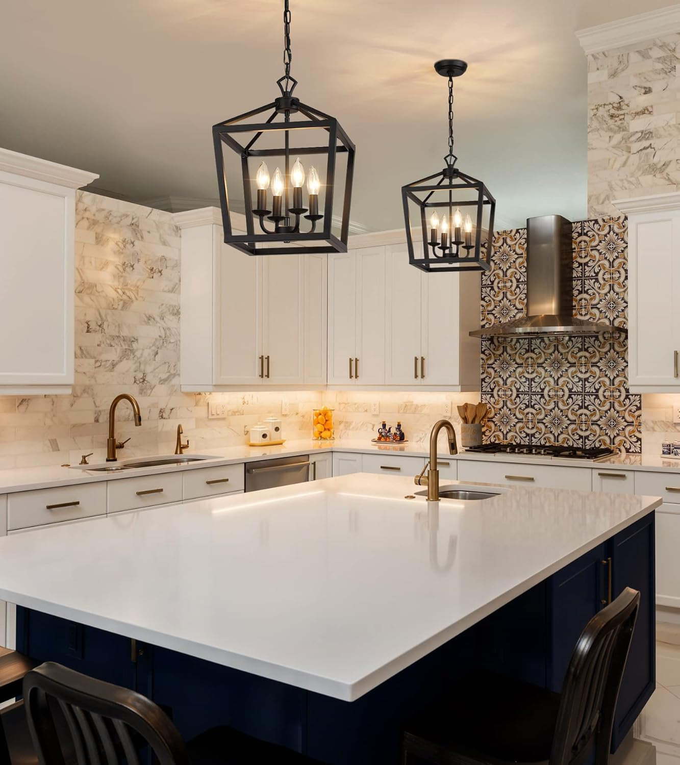 Black Lantern Farmhouse Chandelier – 4-Light Kitchen Ceiling Fixture