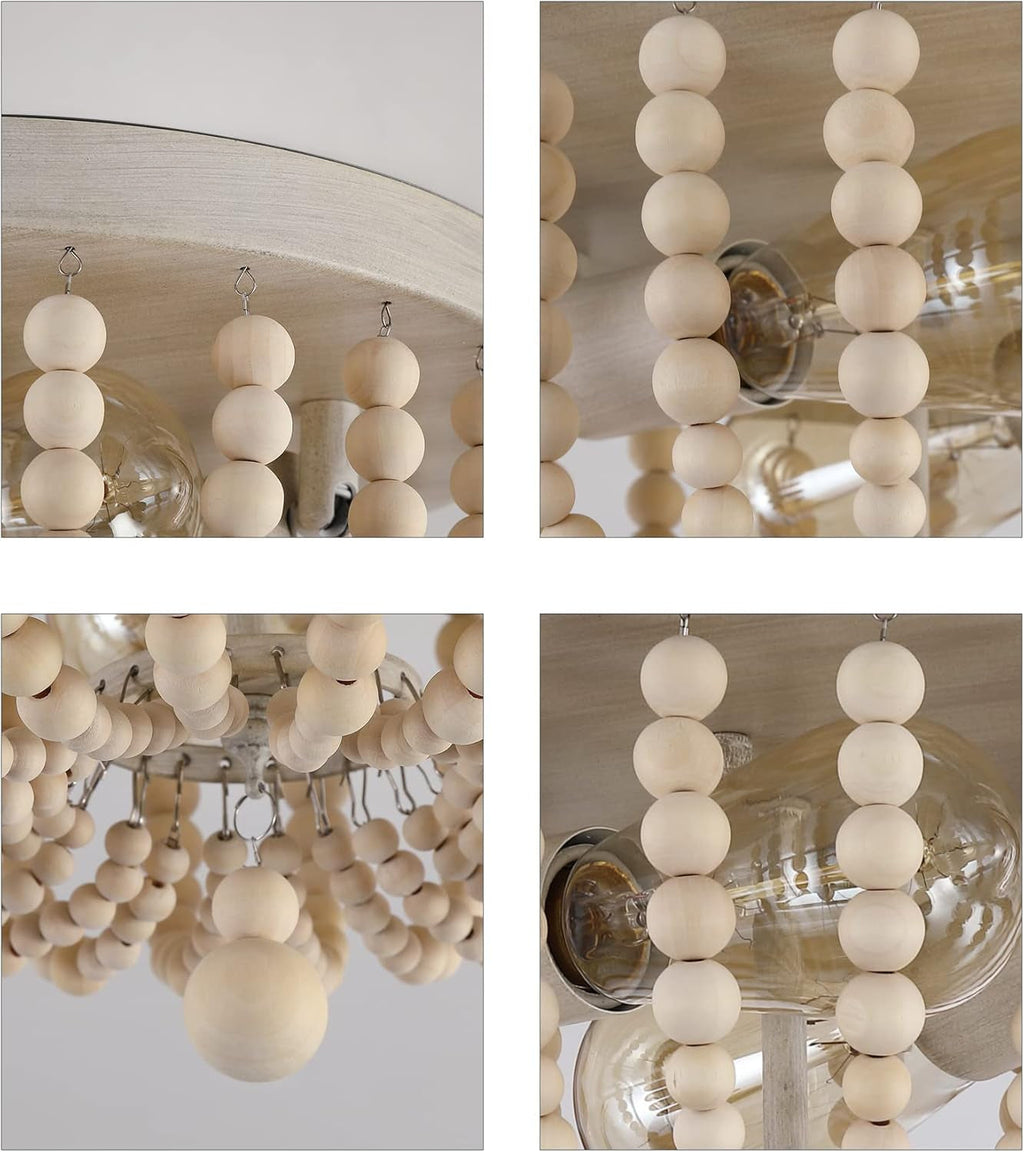 Oak Wood Beaded Flush Mount Chandelier – 2-Light Coastal Fixture