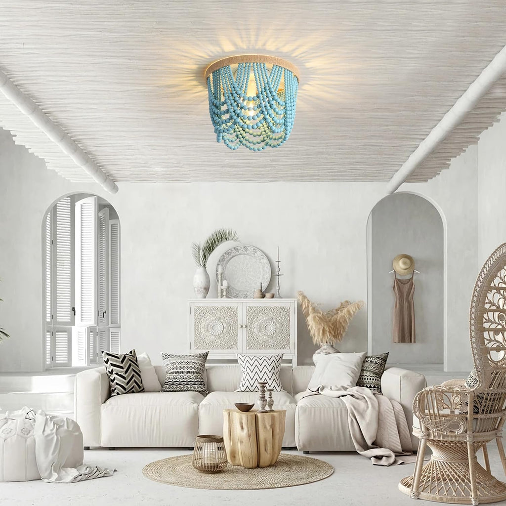 Blue Wood Beaded Boho Chandelier – 3-Light Coastal Accent Fixture