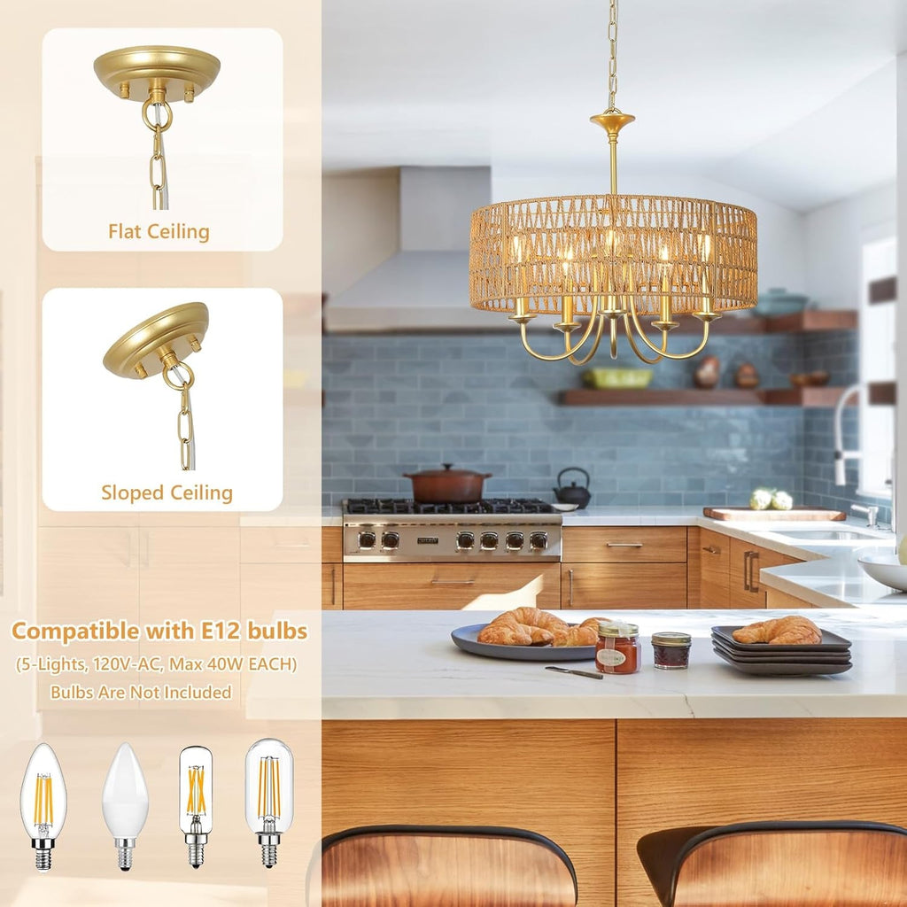 Gold Rattan Boho Chandelier – 5-Light Coastal Pendant Fixture