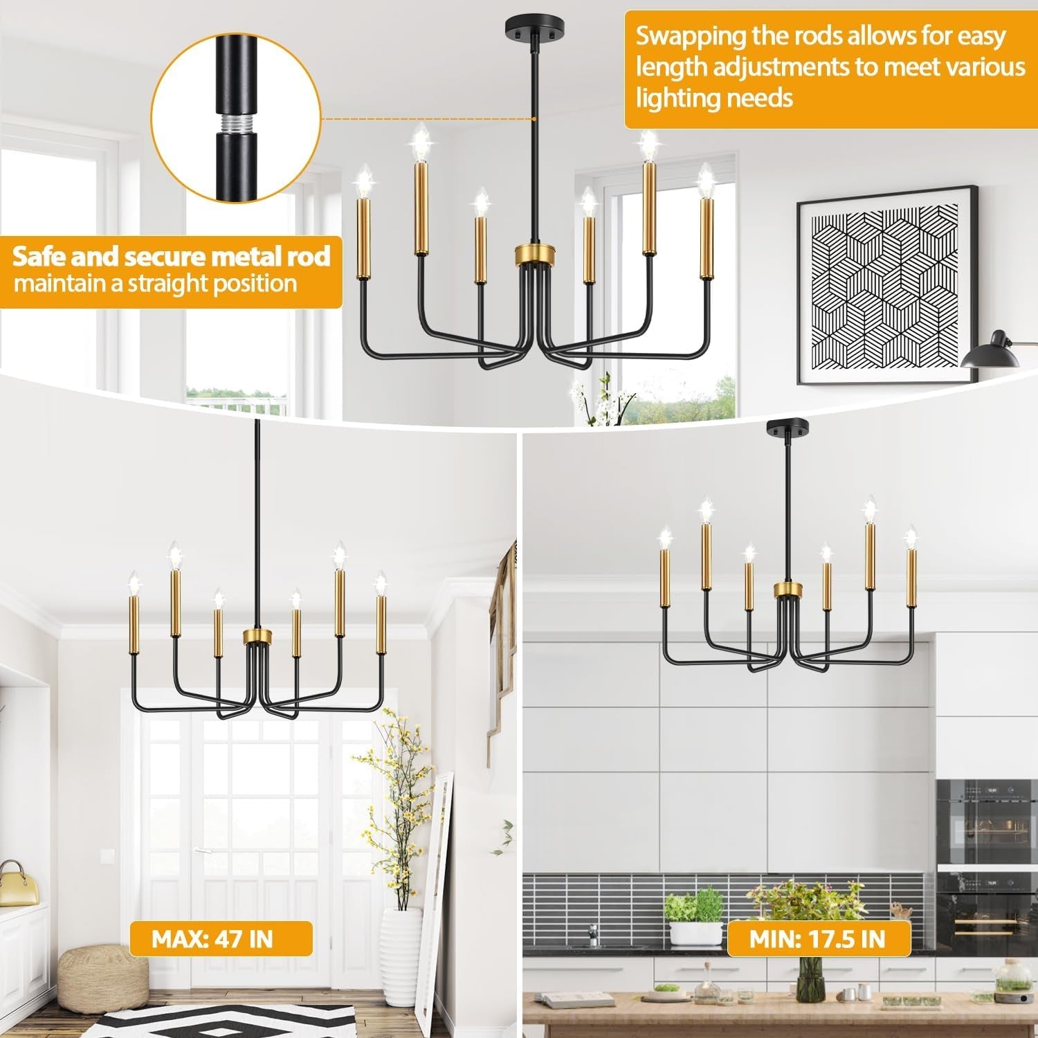 Black & Gold Farmhouse Chandelier – 6-Light Dining Room Fixture
