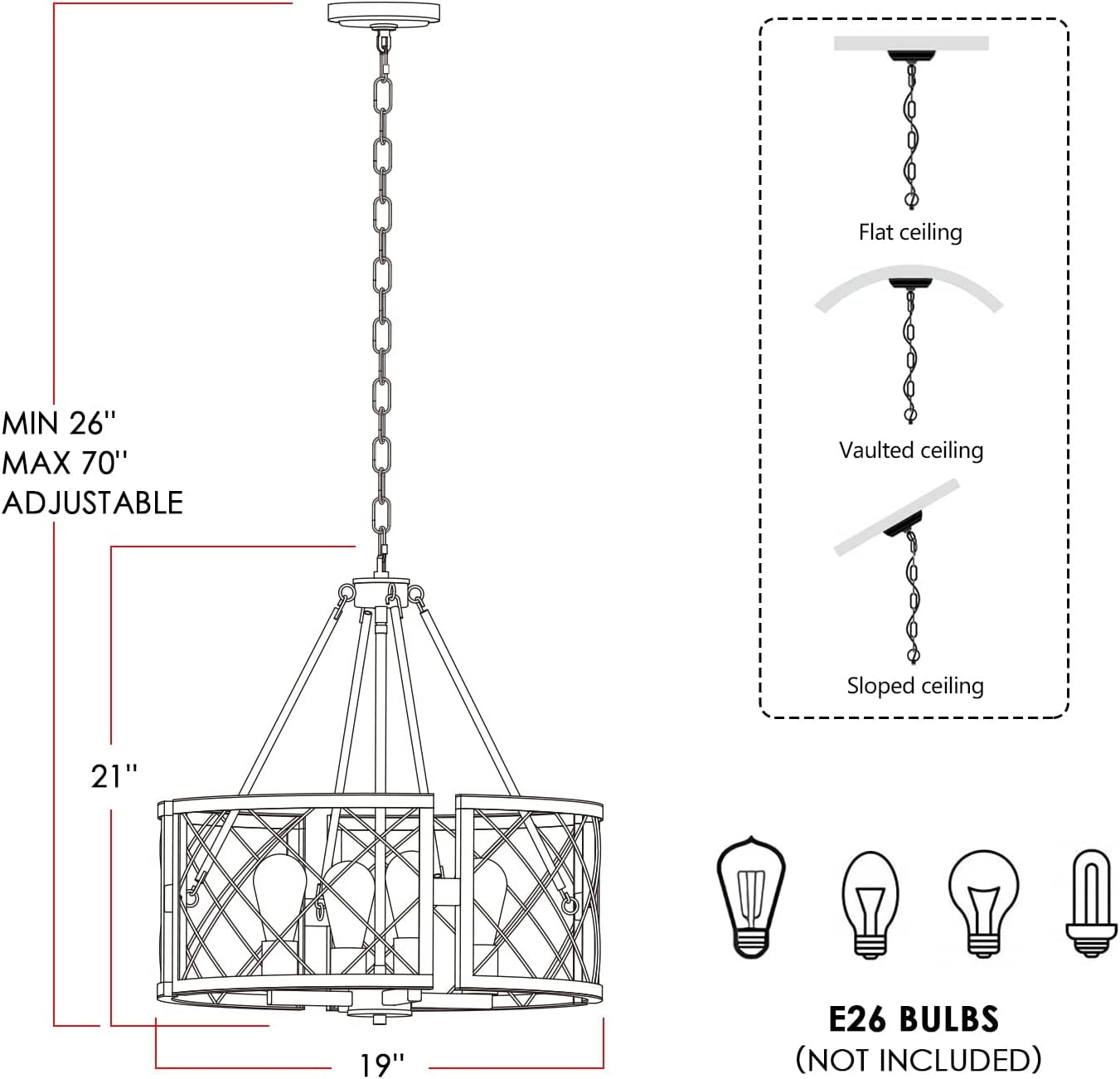 Black & Oak Farmhouse Chandelier – 4-Light Rustic Ceiling Fixture (19”)