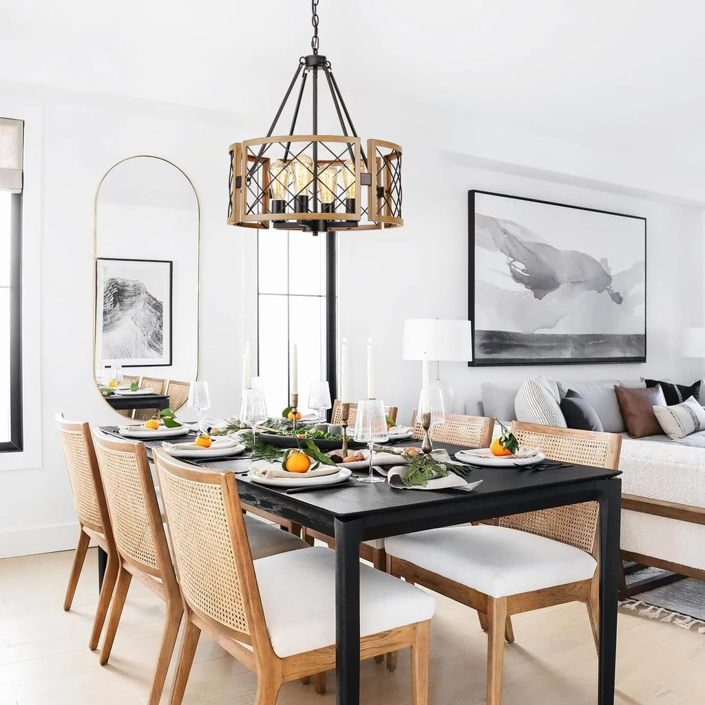 Black & Oak Farmhouse Chandelier – 4-Light Rustic Ceiling Fixture (19”)