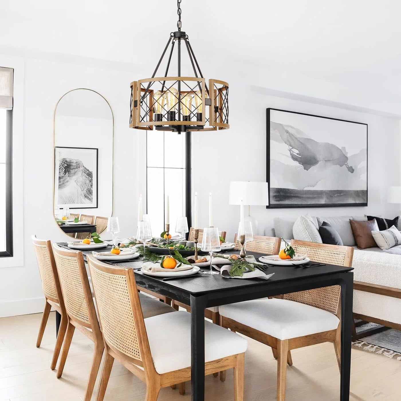 Black & Oak Farmhouse Chandelier – 4-Light Rustic Ceiling Fixture (19”)