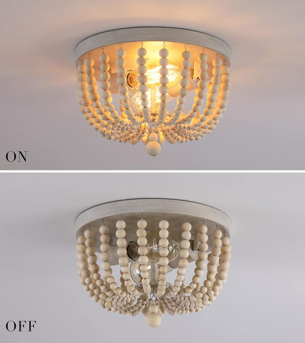 Oak Wood Beaded Flush Mount Chandelier – 2-Light Coastal Fixture