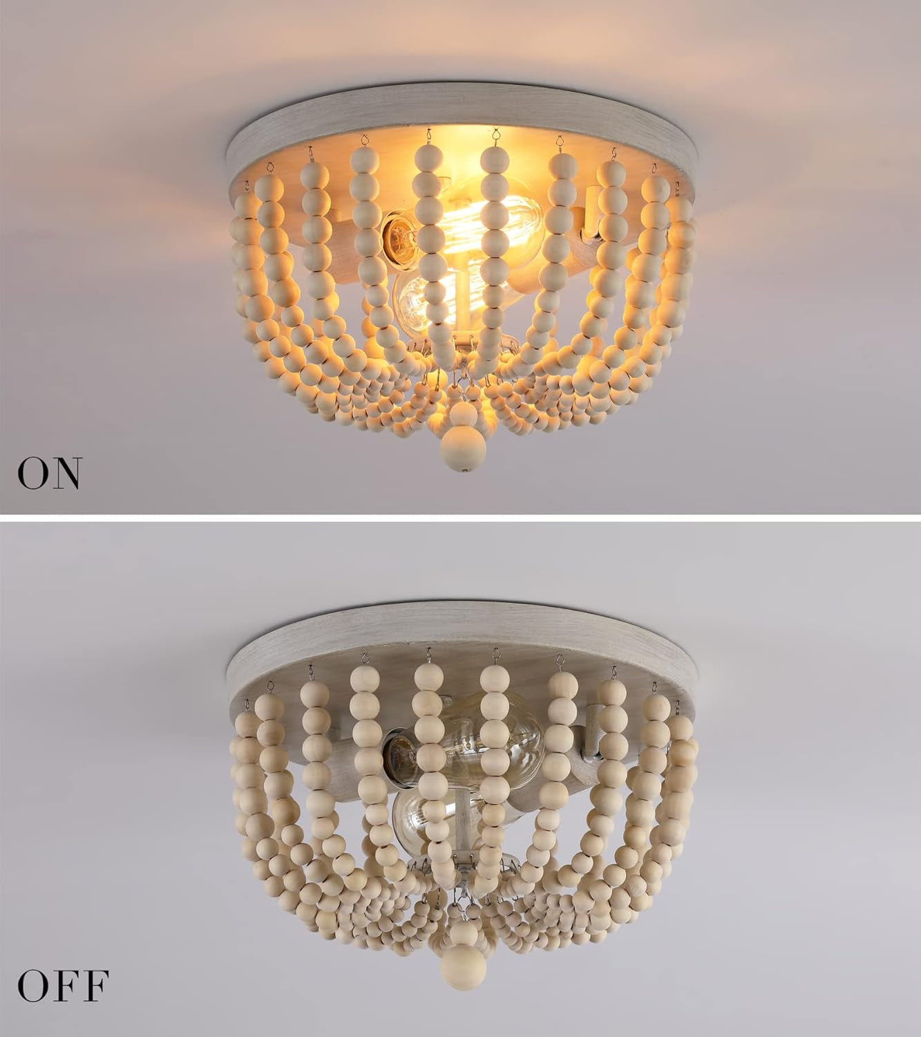 Oak Wood Beaded Flush Mount Chandelier – 2-Light Coastal Fixture