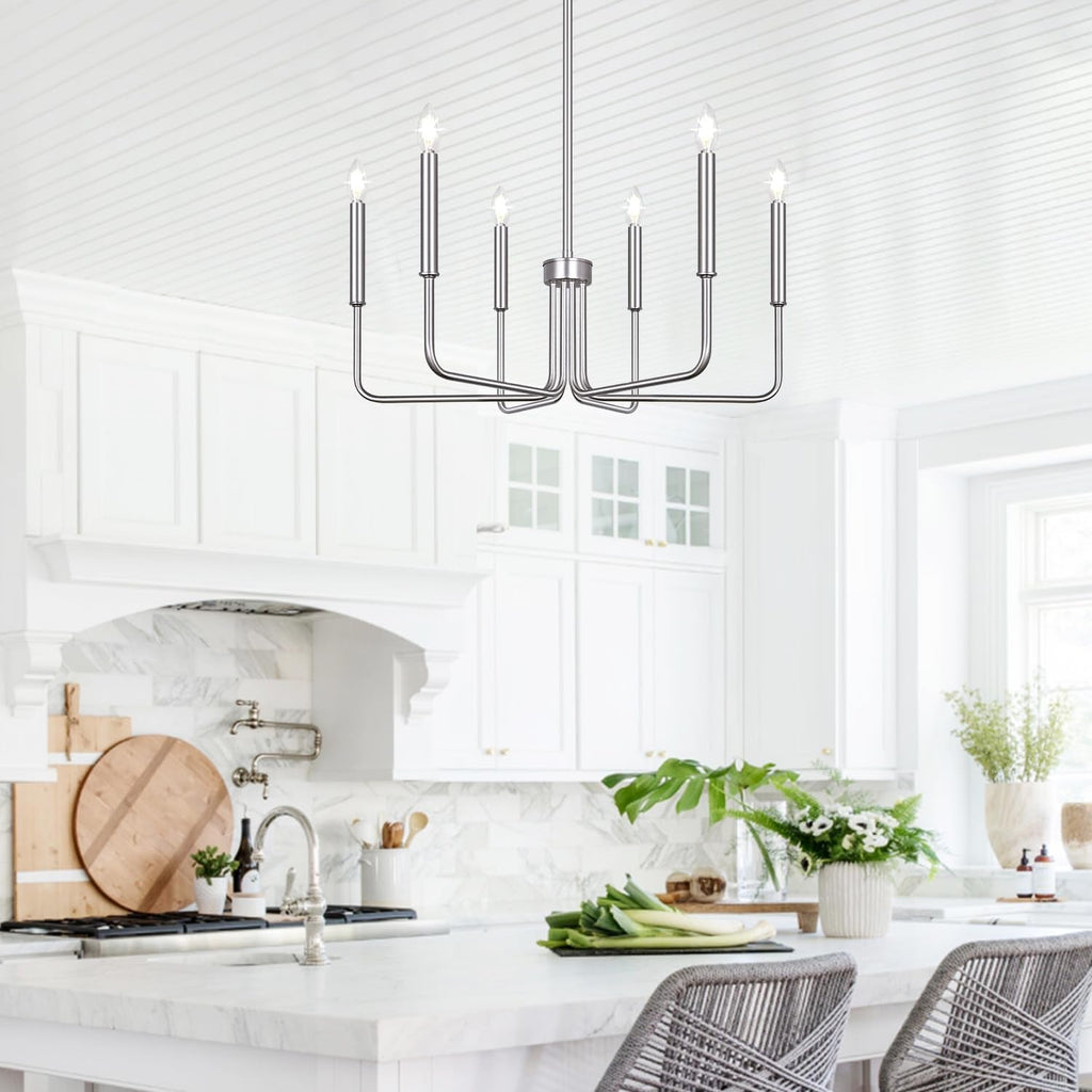 Brushed Nickel Farmhouse Chandelier – 6-Light Dining Room Fixture