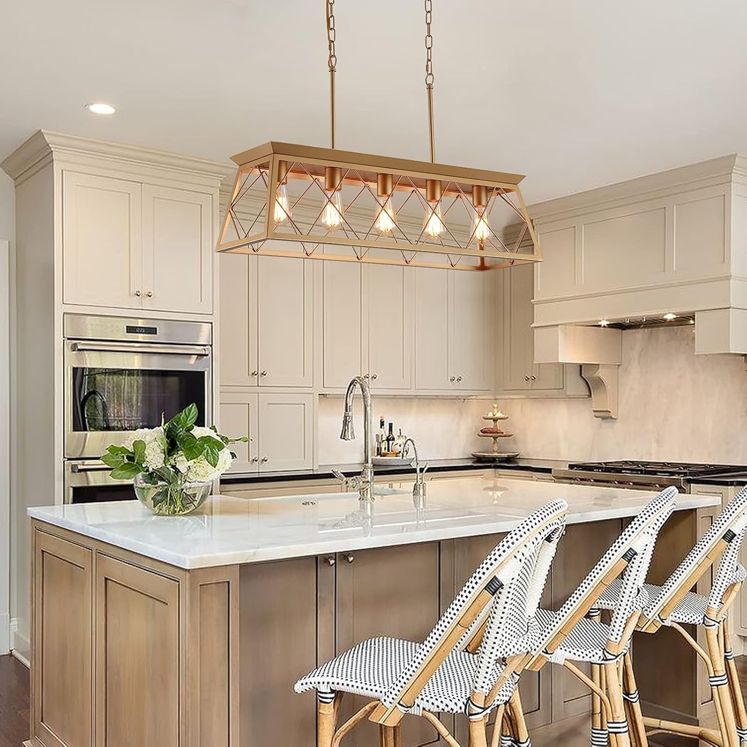 Gold Linear Farmhouse Chandelier – 5-Light Dining Room Ceiling Fixture