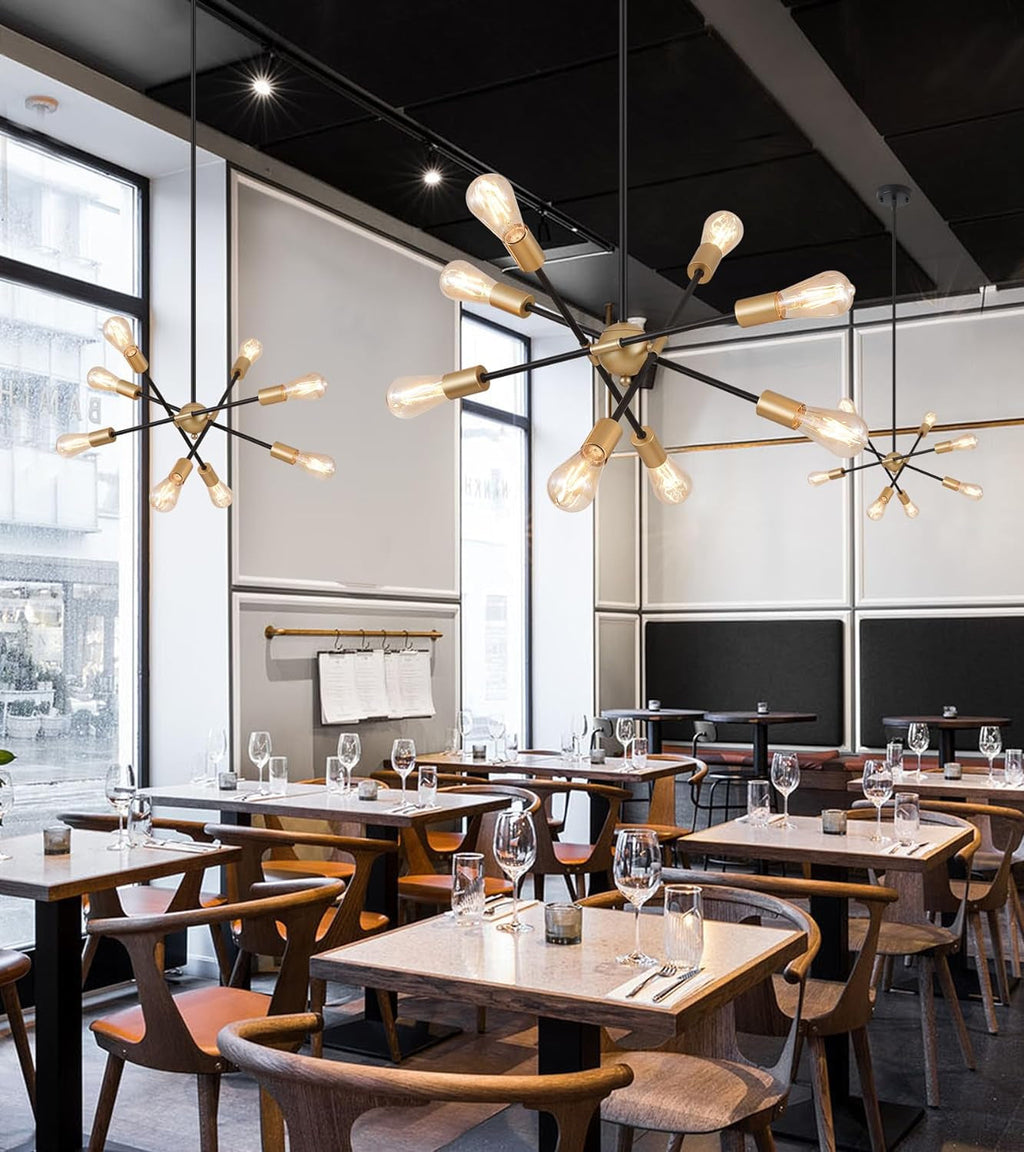 Modern Black & Gold Sputnik Chandelier – 8-Light Dining Room Fixture