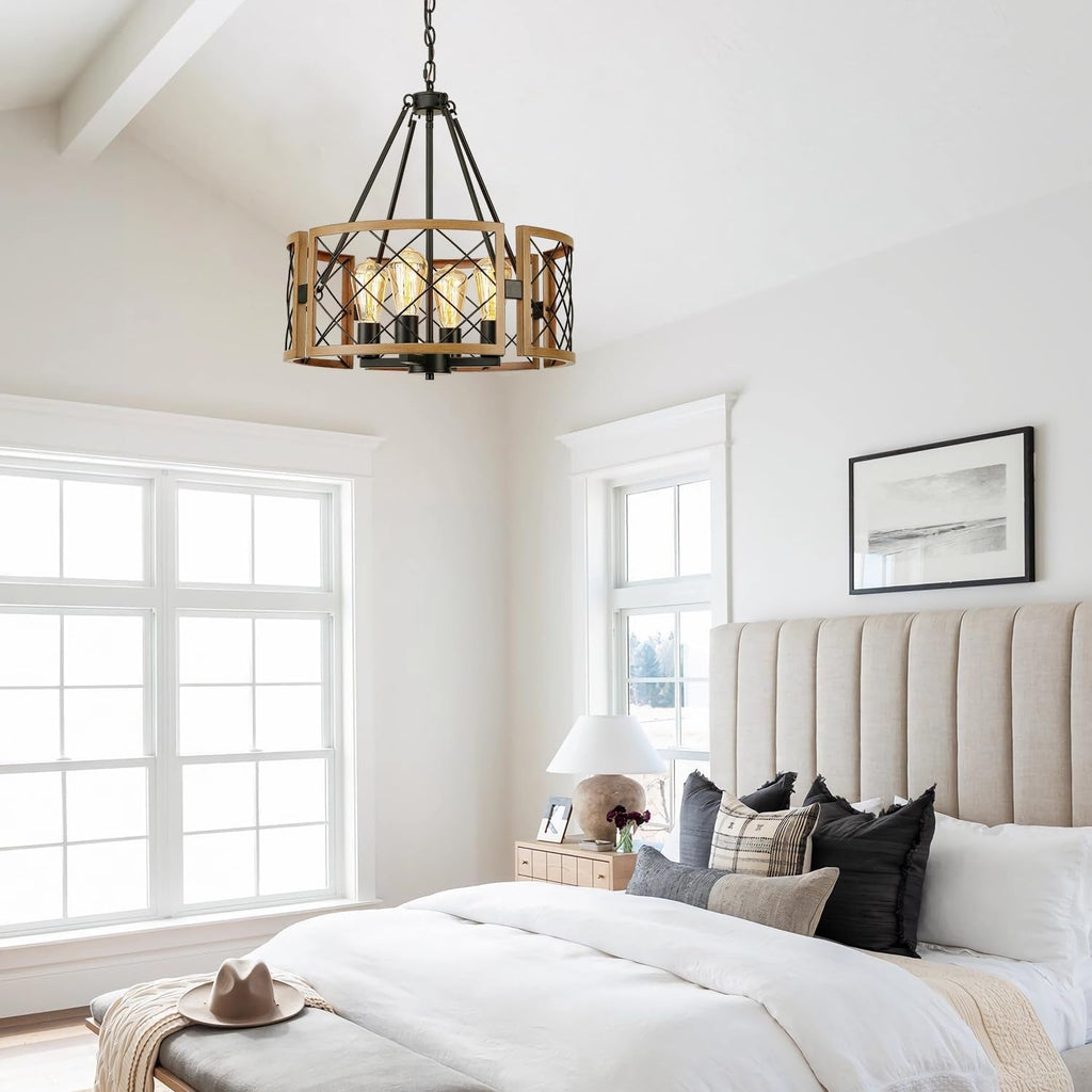 Black & Oak Farmhouse Chandelier – 4-Light Rustic Ceiling Fixture (19”)
