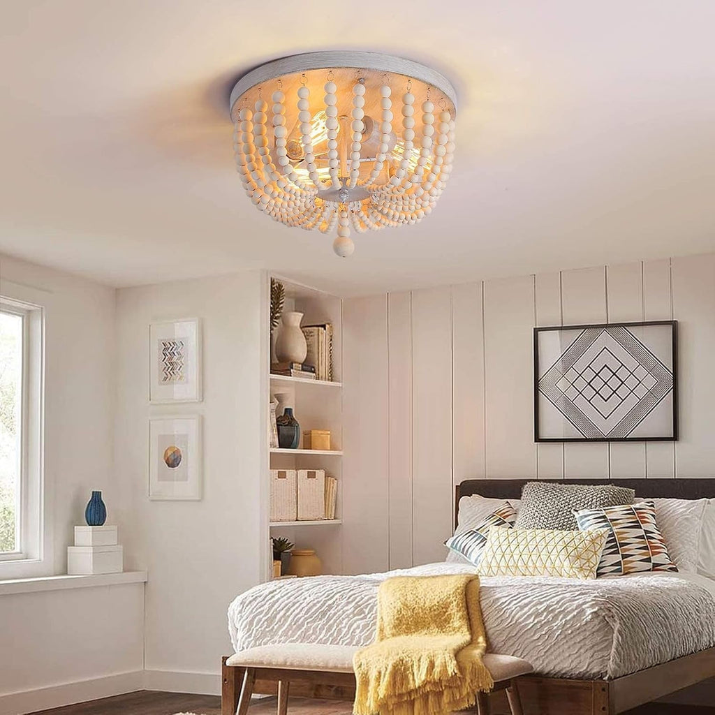 Coastal Wood Beaded Chandelier – 3-Light White Oak Ceiling Fixture