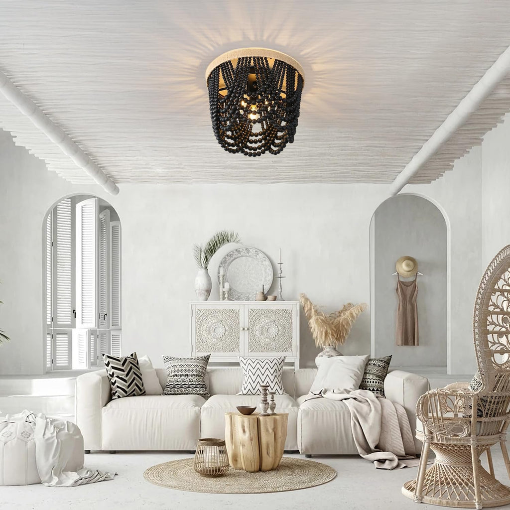 Black Beaded Boho Chandelier – Handmade 3-Light Statement Fixture
