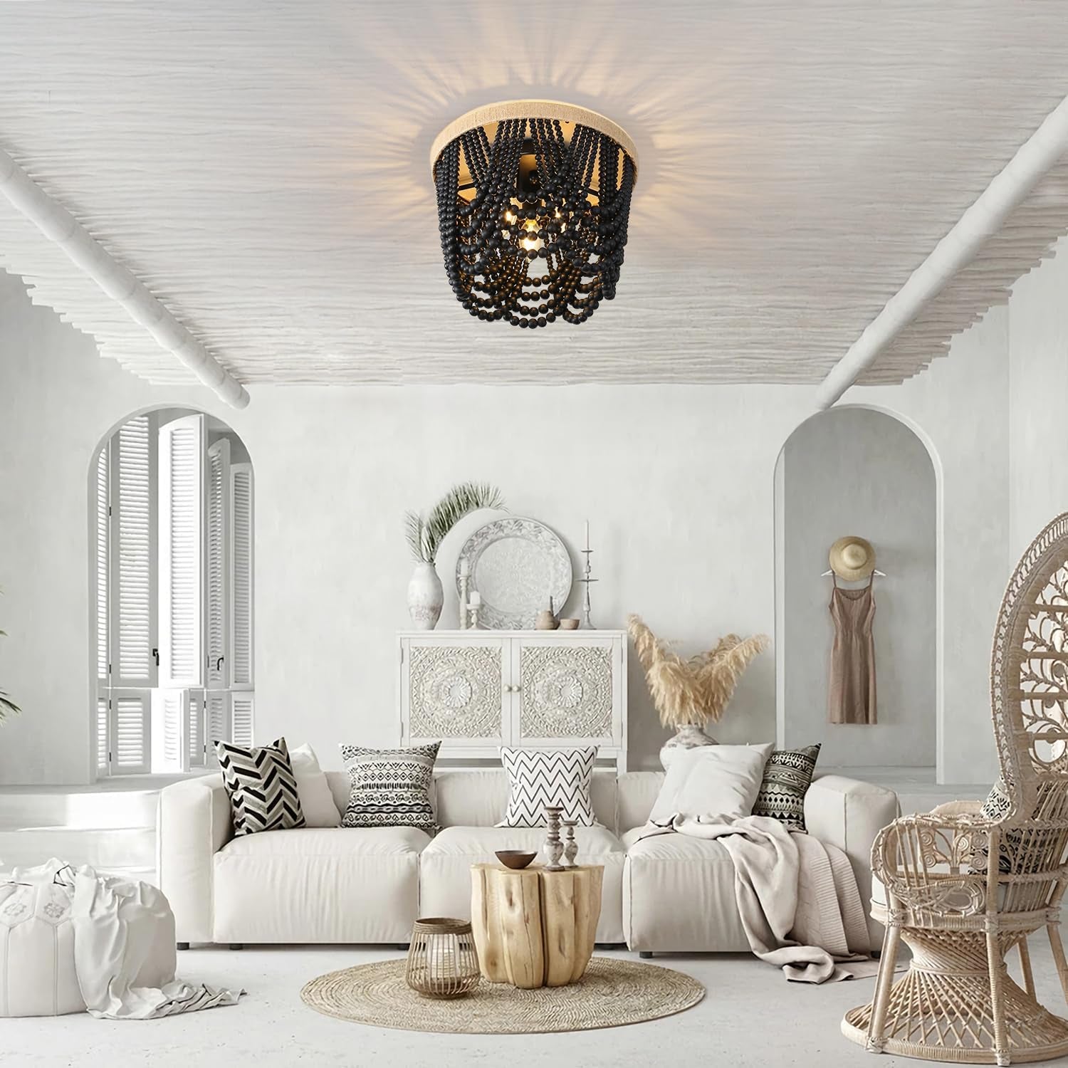 Black Beaded Boho Chandelier – Handmade 3-Light Statement Fixture