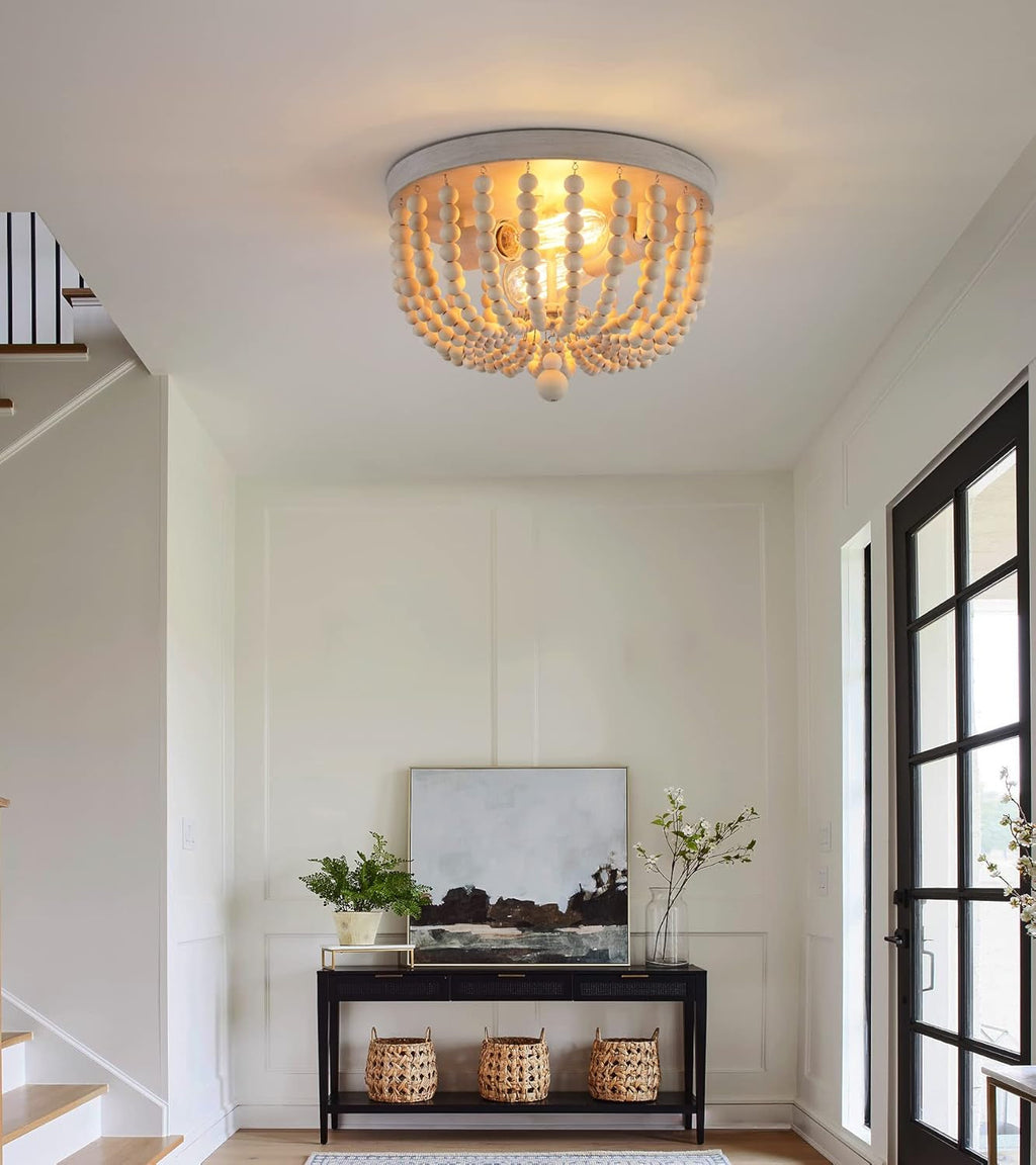 Oak Wood Beaded Flush Mount Chandelier – 2-Light Coastal Fixture