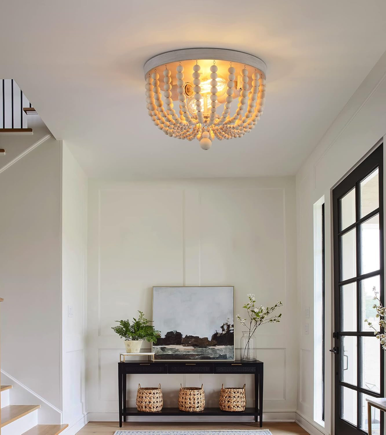 Oak Wood Beaded Flush Mount Chandelier – 2-Light Coastal Fixture