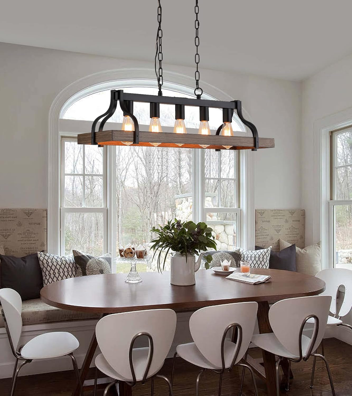 Black Linear Kitchen Island Chandelier – 5-Light Farmhouse Fixture
