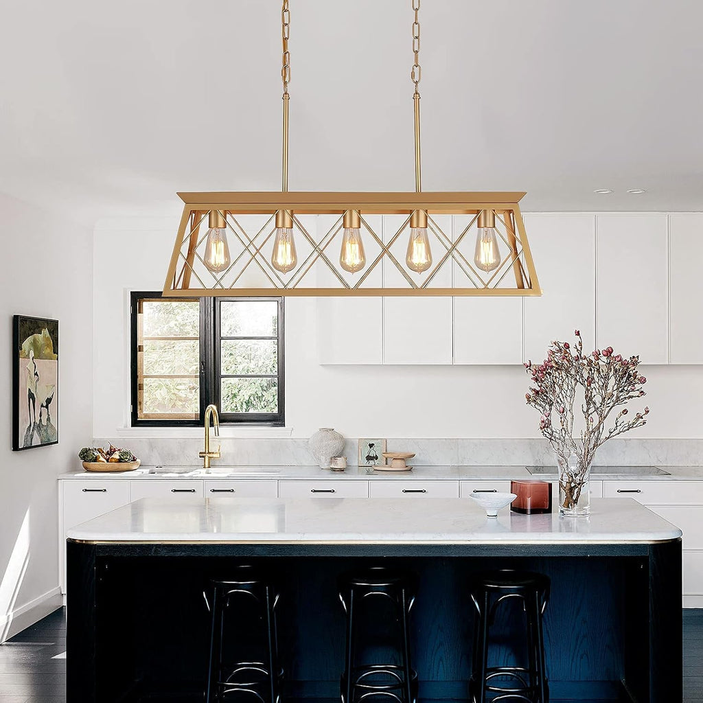 Gold Linear Farmhouse Chandelier – 5-Light Dining Room Ceiling Fixture