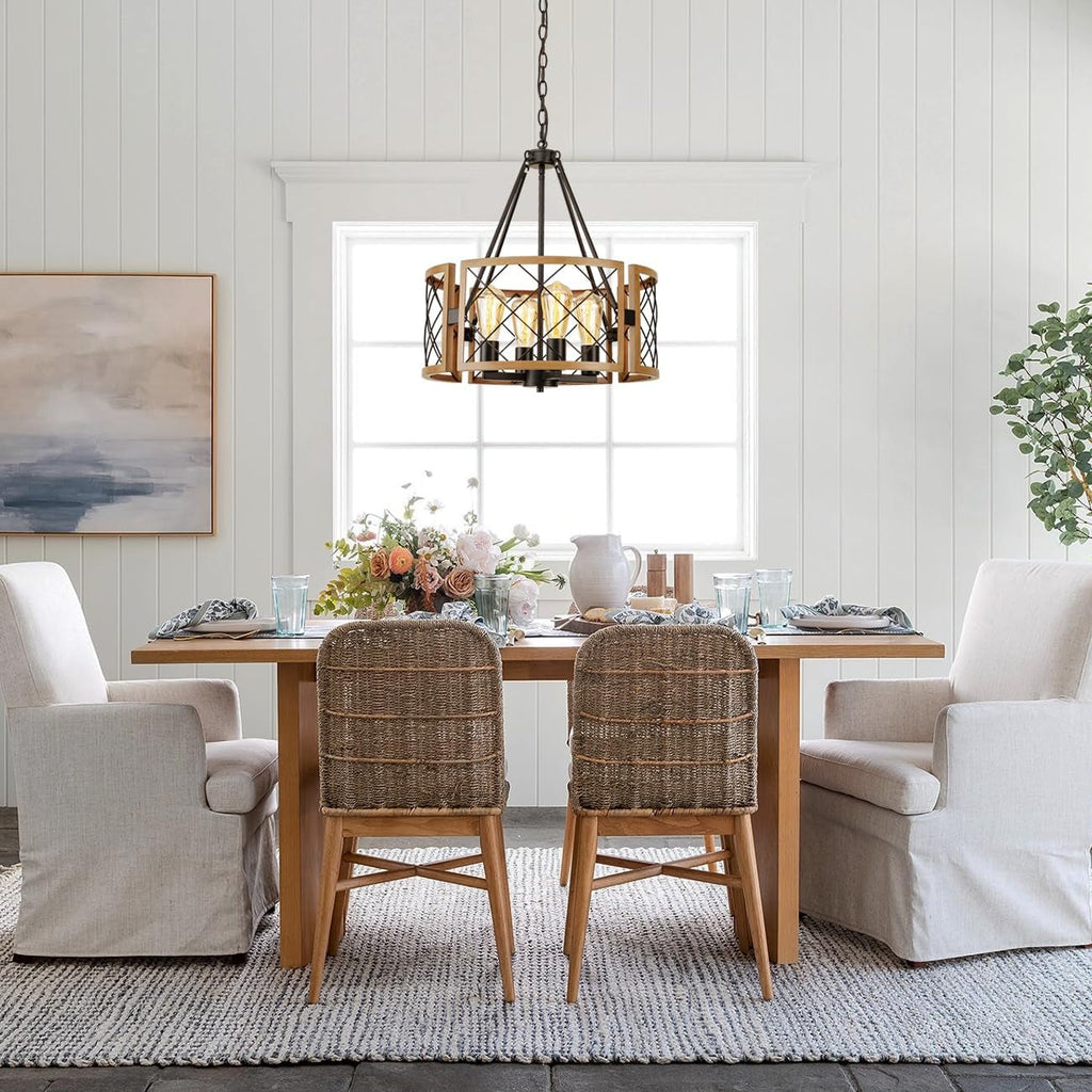 Black & Oak Farmhouse Chandelier – 4-Light Rustic Ceiling Fixture (19”)