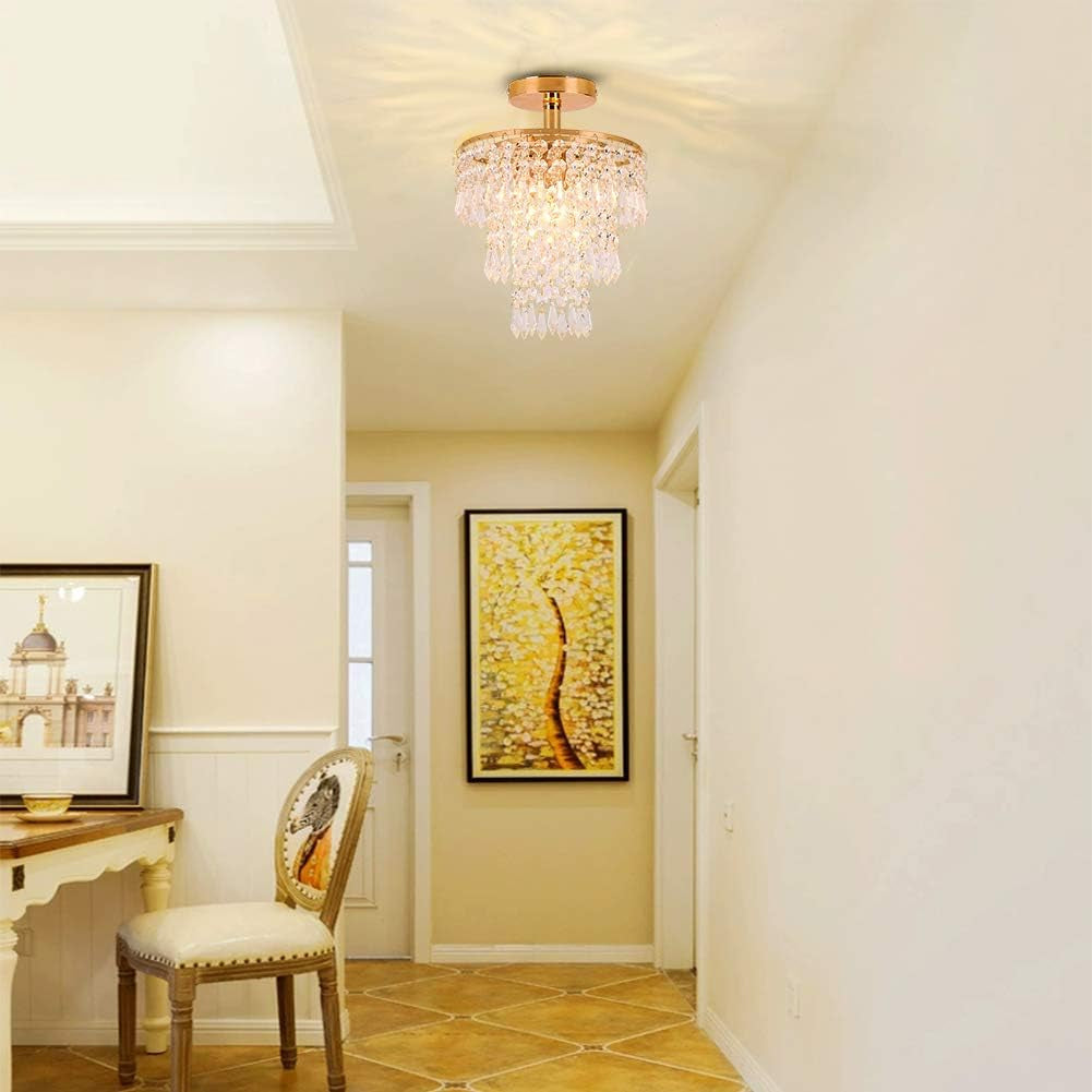 Mini Gold Crystal Chandelier – 3-Tier Raindrop Flush Mount Fixture